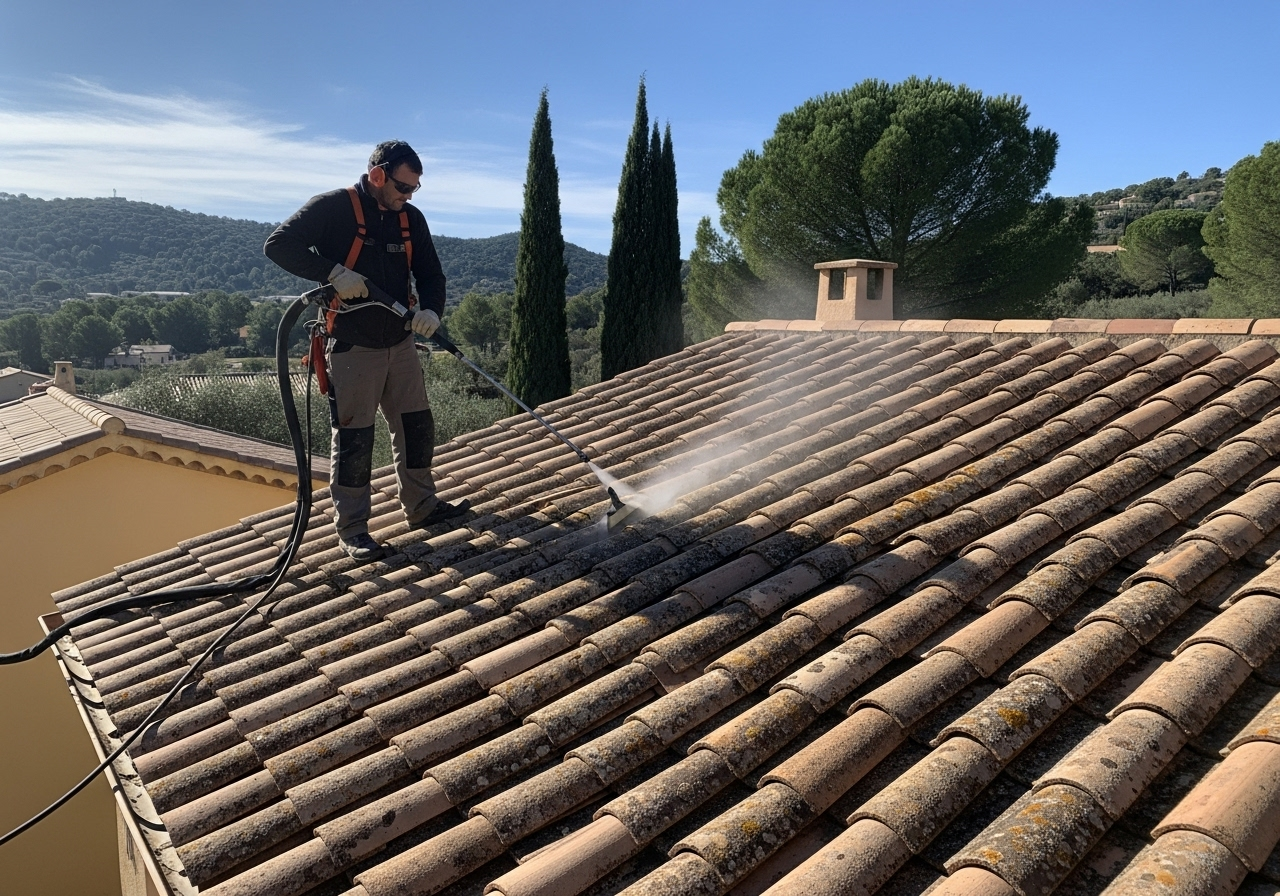 Démoussage thermique toiture à Aix-en-Provence : traitement écologique haute température pour éliminer mousse et lichens