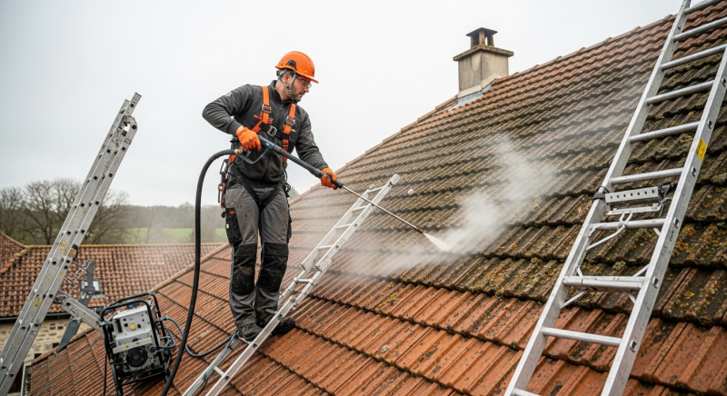 Rénovation vapeur toiture à Aubagne : décolmatage des pores et régénération des tuiles terre cuite oxydées