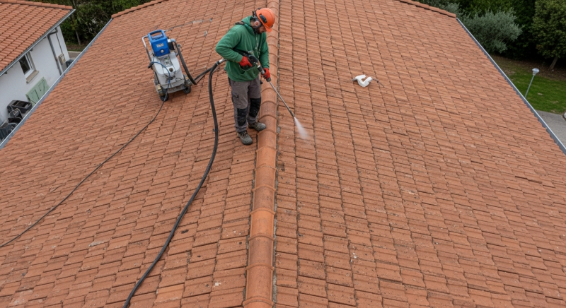 Nettoyage vapeur toiture en pente à Aix-en-Provence : solution sécurisée avec température régulée pour toitures inclinées